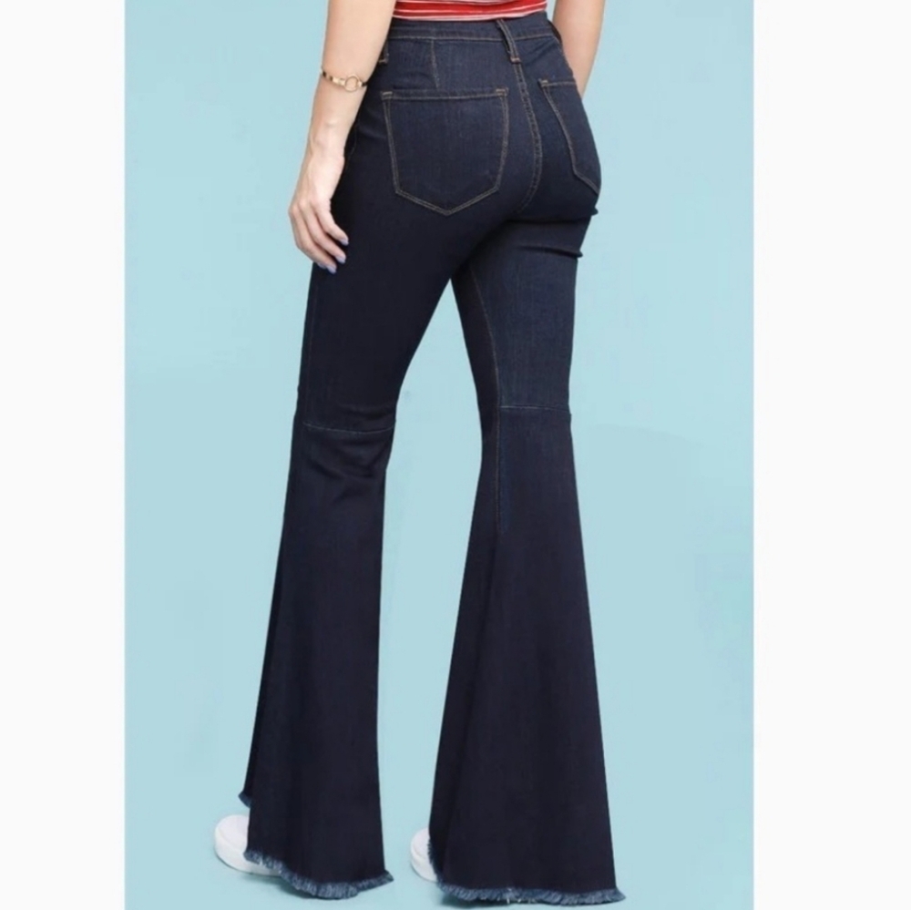 Judy Blue High Rise Super Flare Leg Raw Hem Dark Wash Stretch Denim Jean - Picture 6 of 16